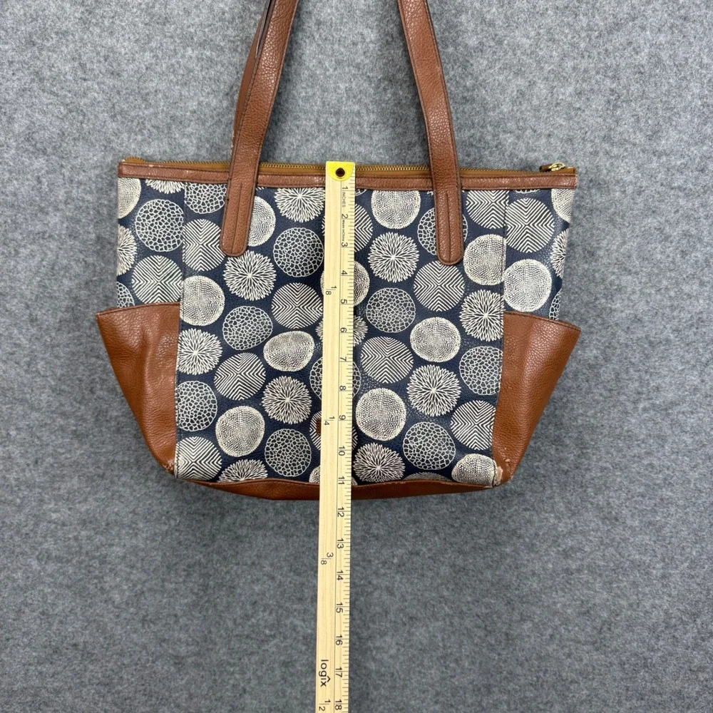 Fossil Navy Cream Geometric Circle Print Tote Bag Brown Leather Trim‎ Large